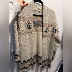 Cream Open-Front Patterned Knit Cardigan with Black Accents